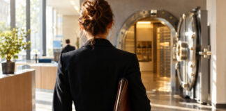 Gründerin betritt mit Ledermappe eine Bankfiliale