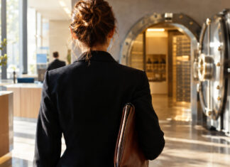 KfW StartGeld 2026: So bereitest du dich auf den Banktermin richtig vor Gründerin betritt mit Ledermappe eine Bankfiliale