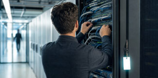 Gründer von hinten vor offenem Serverschrank im Rechenzentrum mit Netzwerkkabeln und Zugangskarte