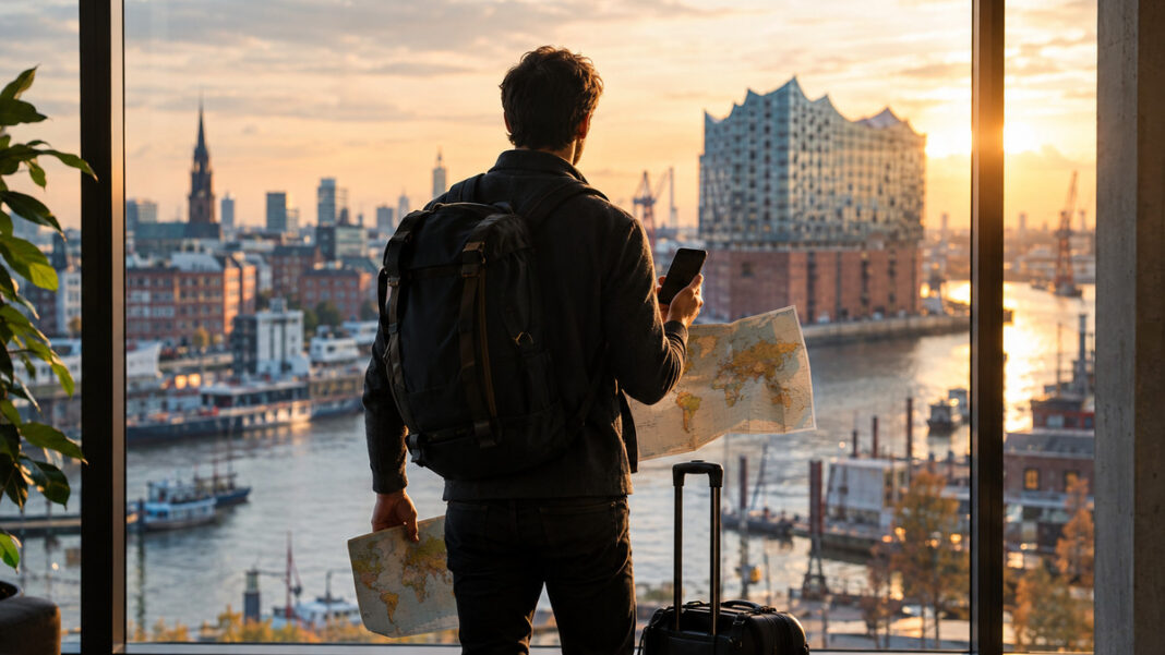 Gründer mit Karte und Smartphone vor Glasfront in Hamburg, mit Rollkoffer und Rucksack