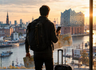 Gründer mit Karte und Smartphone vor Glasfront in Hamburg, mit Rollkoffer und Rucksack