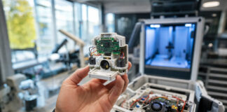 Hand hält einen technischen Prototyp über einer Werkbank im Labor, mit weichem Tageslicht.