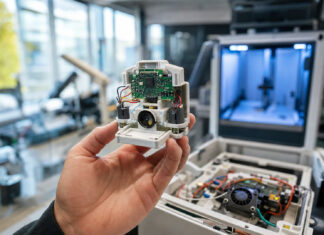 Hand hält einen technischen Prototyp über einer Werkbank im Labor, mit weichem Tageslicht.