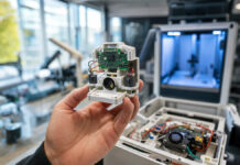 Hand hält einen technischen Prototyp über einer Werkbank im Labor, mit weichem Tageslicht.