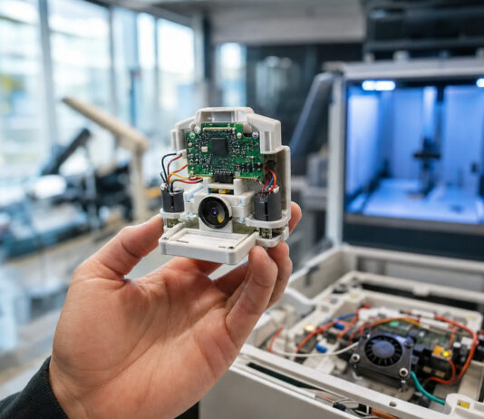 Hand hält einen technischen Prototyp über einer Werkbank im Labor, mit weichem Tageslicht.