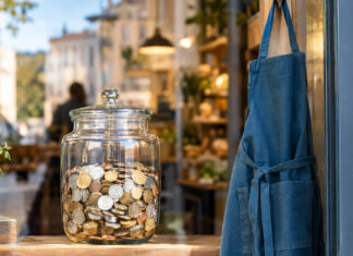 Gläserne Spardose mit Münzen und Arbeitsschürze im Schaufenster