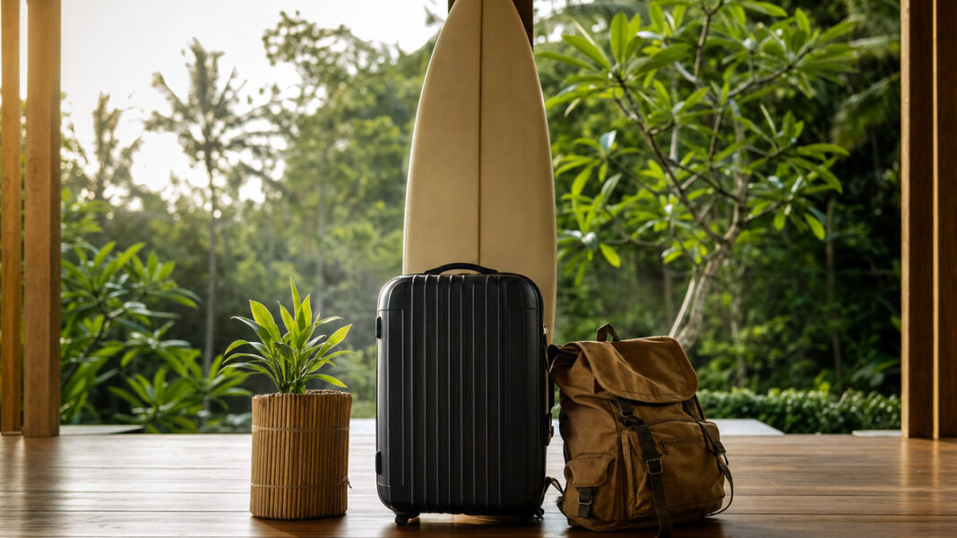 Gepackter Koffer mit Surfbrett und tropische Pflanze auf einer Bali-Terrasse im Morgenlicht