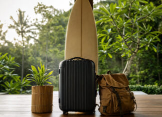 Gepackter Koffer mit Surfbrett und tropische Pflanze auf einer Bali-Terrasse im Morgenlicht