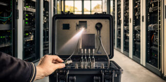 Geöffnete Datenbox mit Sensoren und gelöstem Steckverbinder im Serverraum