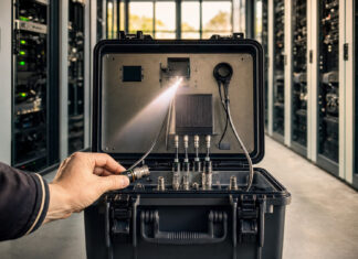 Geöffnete Datenbox mit Sensoren und gelöstem Steckverbinder im Serverraum