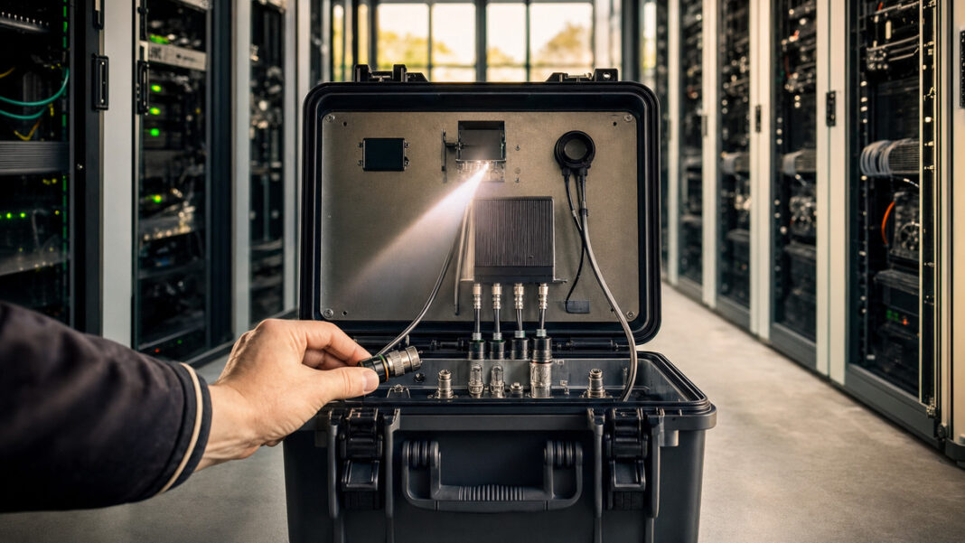 Geöffnete Datenbox mit Sensoren und gelöstem Steckverbinder im Serverraum