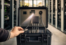 Geöffnete Datenbox mit Sensoren und gelöstem Steckverbinder im Serverraum