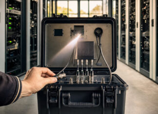 Geöffnete Datenbox mit Sensoren und gelöstem Steckverbinder im Serverraum
