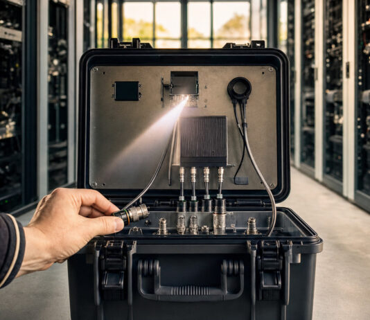 Geöffnete Datenbox mit Sensoren und gelöstem Steckverbinder im Serverraum