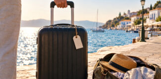 Rollkoffer und Reisetasche an einer Hafenpromenade mit Blick aufs Meer im Morgenlicht