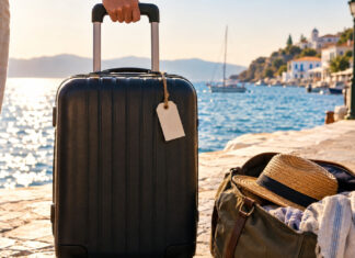 Rollkoffer und Reisetasche an einer Hafenpromenade mit Blick aufs Meer im Morgenlicht