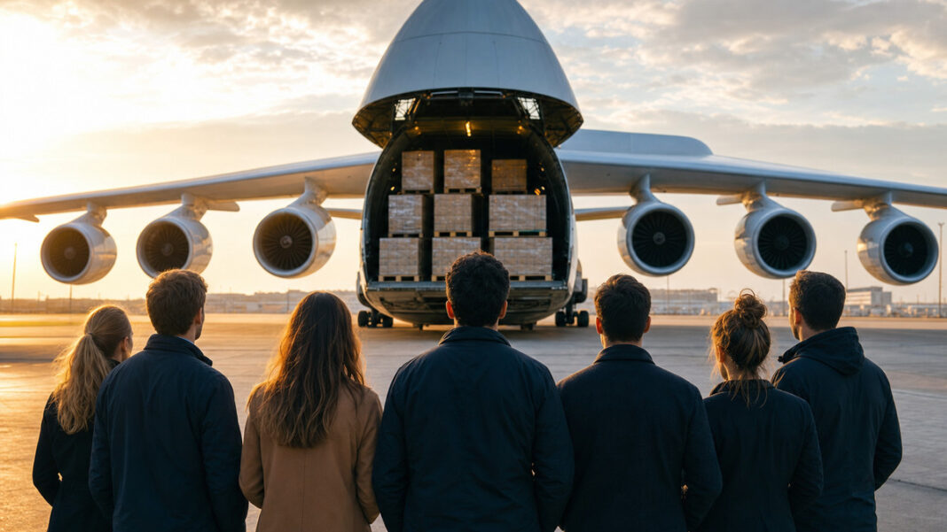 Gründerteam am Flughafen vor einem Frachtflugzeug mit Euro-Paletten im Morgenlicht