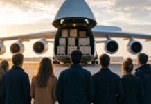 Deutschlandfonds für Startups 2026: Wann Scale-up Direct für euch relevant wird Gründerteam am Flughafen vor einem Frachtflugzeug mit Euro-Paletten im Morgenlicht