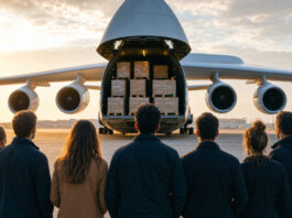 Gründerteam am Flughafen vor einem Frachtflugzeug mit Euro-Paletten im Morgenlicht