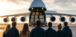 Gründerteam am Flughafen vor einem Frachtflugzeug mit Euro-Paletten im Morgenlicht