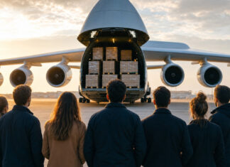 Gründerteam am Flughafen vor einem Frachtflugzeug mit Euro-Paletten im Morgenlicht