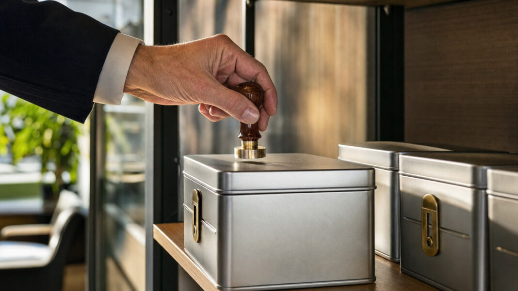 Hand setzt Firmenstempel auf eine versiegelte Metallbox neben weiteren Boxen im Tageslicht.