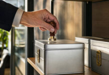 Hand setzt Firmenstempel auf eine versiegelte Metallbox neben weiteren Boxen im Tageslicht.