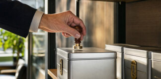 Hand setzt Firmenstempel auf eine versiegelte Metallbox neben weiteren Boxen im Tageslicht.