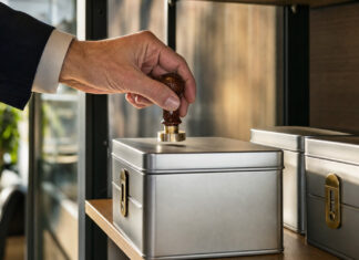 Hand setzt Firmenstempel auf eine versiegelte Metallbox neben weiteren Boxen im Tageslicht.