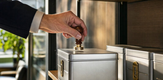 Hand setzt Firmenstempel auf eine versiegelte Metallbox neben weiteren Boxen im Tageslicht.