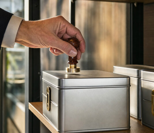 Hand setzt Firmenstempel auf eine versiegelte Metallbox neben weiteren Boxen im Tageslicht.