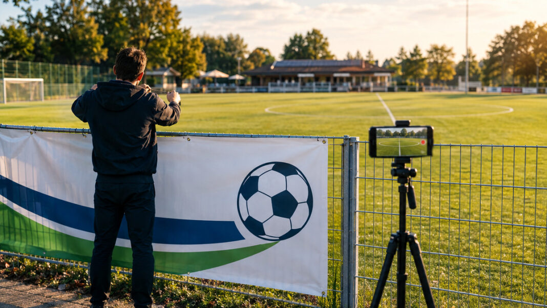 Online-Auftritt für Fußballvereine Mitarbeiter hängt am Fußballplatz ein Banner auf, daneben filmt ein Smartphone auf Stativ den Mittelkreis.