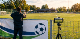 Mitarbeiter hängt am Fußballplatz ein Banner auf, daneben filmt ein Smartphone auf Stativ den Mittelkreis.