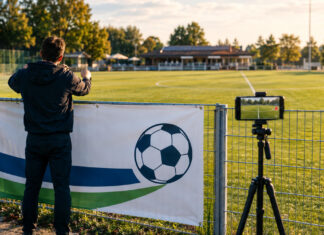 Mitarbeiter hängt am Fußballplatz ein Banner auf, daneben filmt ein Smartphone auf Stativ den Mittelkreis.