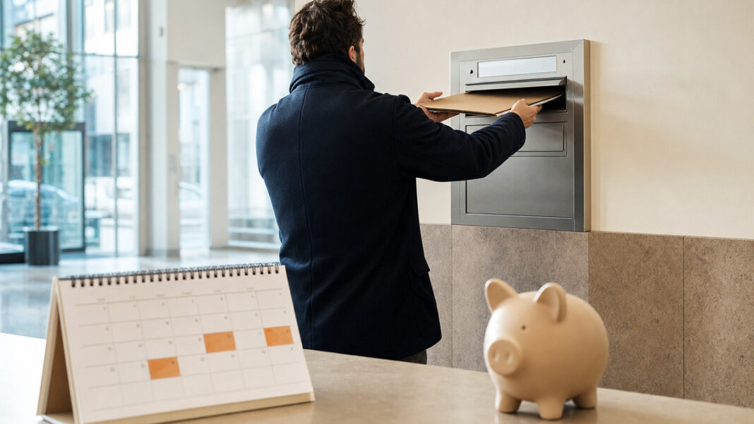 Gründer wirft eine Mappe in einen Wandbriefkasten, daneben Kalender und Sparschwein im Tageslicht.