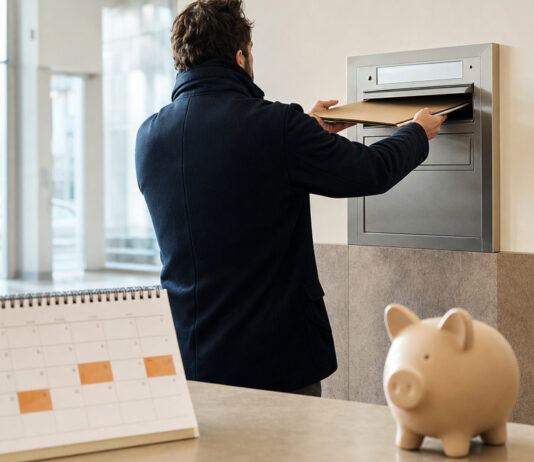 Gründer wirft eine Mappe in einen Wandbriefkasten, daneben Kalender und Sparschwein im Tageslicht.