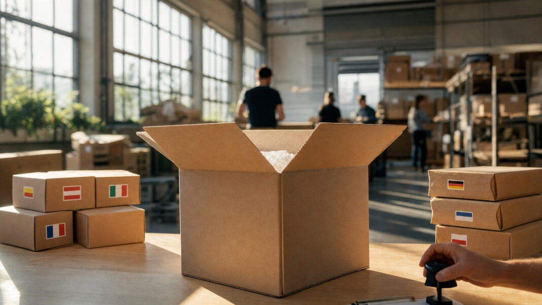 Geöffneter Versandkarton, Paketstapel und Hand mit Stempel im Tageslicht