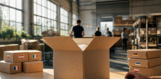 Geöffneter Versandkarton, Paketstapel und Hand mit Stempel im Tageslicht