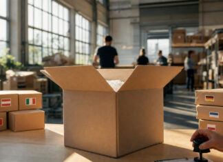 Geöffneter Versandkarton, Paketstapel und Hand mit Stempel im Tageslicht
