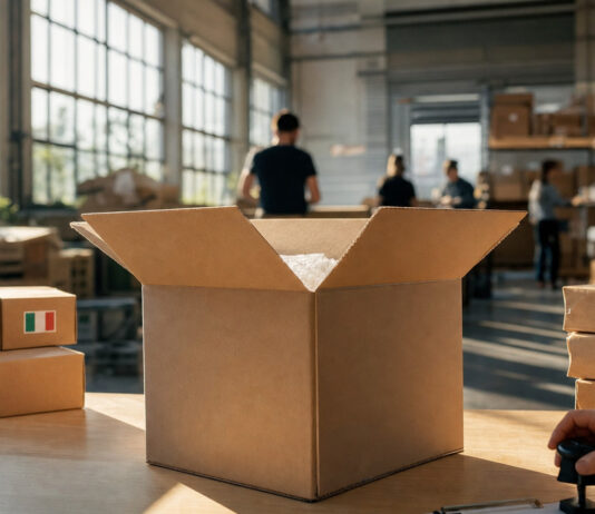 Geöffneter Versandkarton, Paketstapel und Hand mit Stempel im Tageslicht