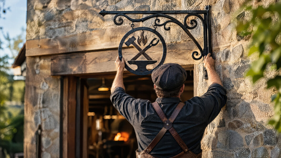 Ein Handwerksmeister montiert ein schmiedeeisernes Zunftschild über dem Eingang seiner neuen Werkstatt