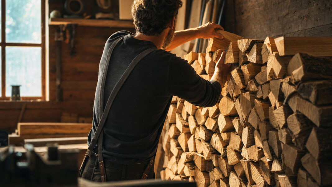 Rentenversicherungspflicht Selbstständige: Holzvorrat Schreinermeister schichtet in seiner Werkstatt Holzscheite zu einem Vorratsstapel, Abendlicht fällt durch das Werkstattfenster