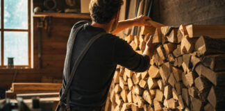 Schreinermeister schichtet in seiner Werkstatt Holzscheite zu einem Vorratsstapel, Abendlicht fällt durch das Werkstattfenster