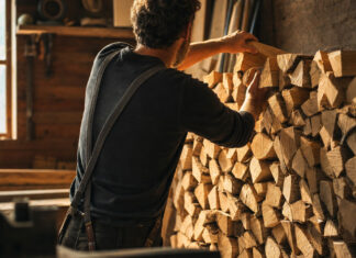 Schreinermeister schichtet in seiner Werkstatt Holzscheite zu einem Vorratsstapel, Abendlicht fällt durch das Werkstattfenster