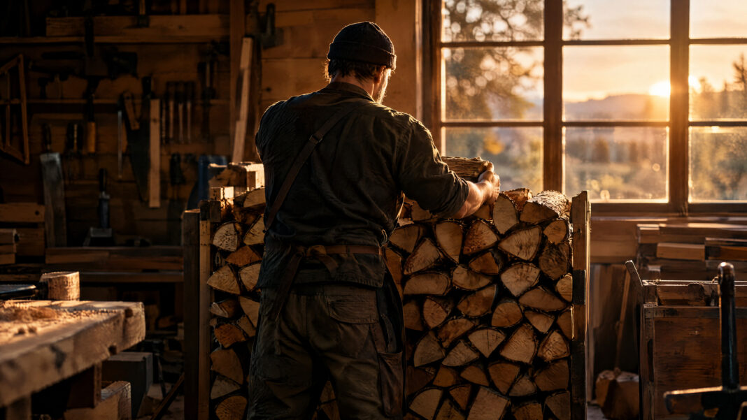 Rentenversicherungspflicht Selbstständige 2026: Wer zahlen muss – und wer nicht Ein Schreinermeister schichtet in seiner Werkstatt Holzscheite zu einem Vorratsstapel, Abendlicht fällt durch das Werkstattfenster