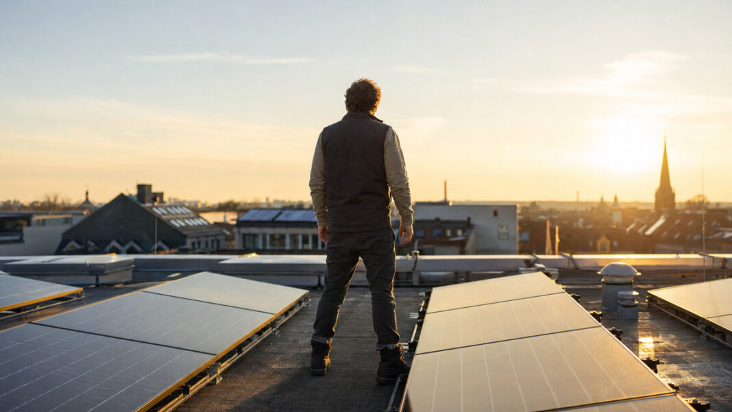 Gründer prüft auf dem Dach seiner Manufaktur eine neue Solaranlage, dahinter Stadtdächer im Morgenlicht