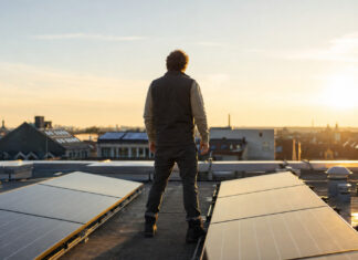 Gründer prüft auf dem Dach seiner Manufaktur eine neue Solaranlage, dahinter Stadtdächer im Morgenlicht