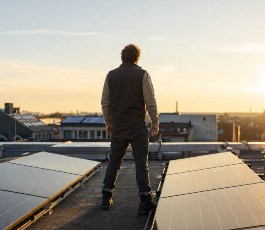 Gründer prüft auf dem Dach seiner Manufaktur eine neue Solaranlage, dahinter Stadtdächer im Morgenlicht