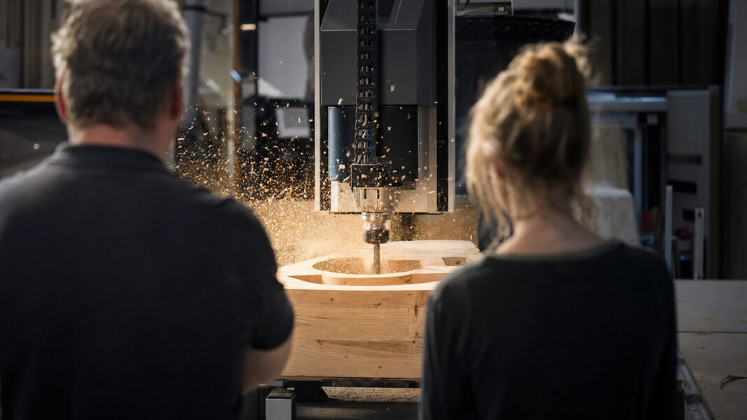 Werkstattmeister und Entwicklerin beobachten in einer Schreinerei eine CNC-Fräse bei der Arbeit