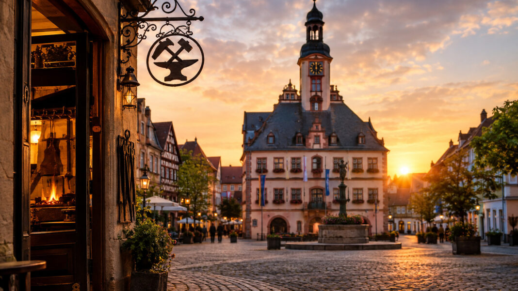 Rathaus einer Kleinstadt, davor ein Handwerksbetrieb mit Zunftschild